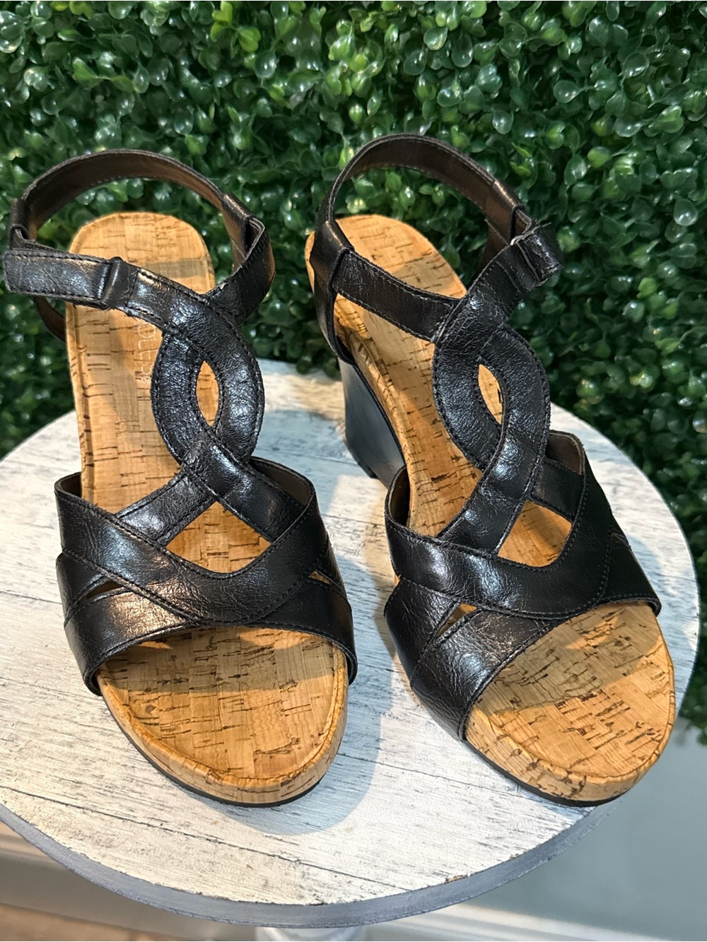 Women’s Black Leather Cork Wedge Sandals aerosoles